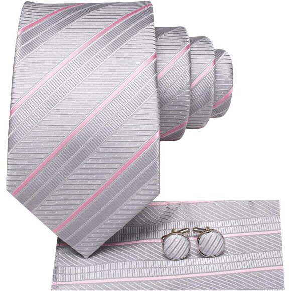 Mens Grey Pink Tie Set Solid Paisley Necktie Pocket Square Cufflinks Formal Silk - Picture 2 of 6